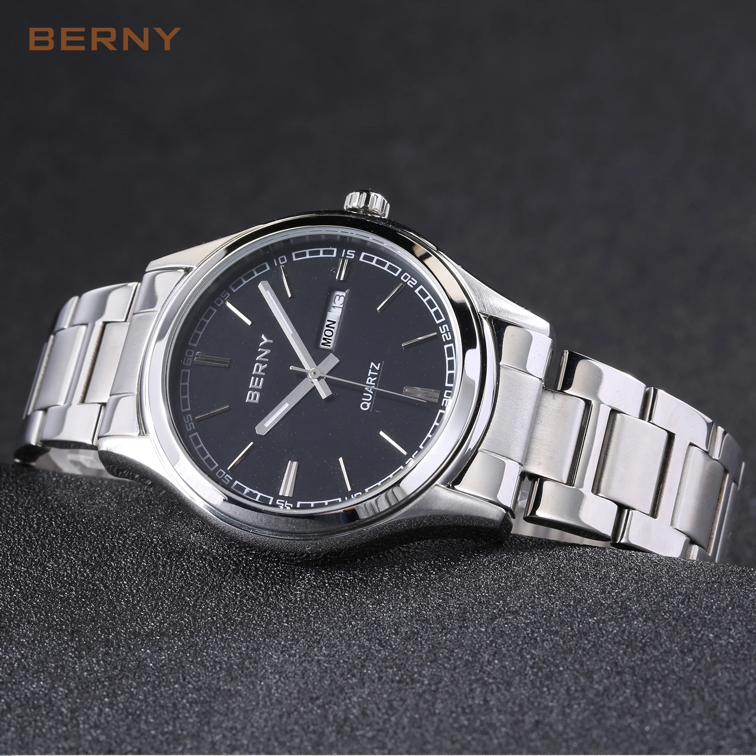BERNY Luxury Quartz Watch for Men Ultra-thin Japan Movement Stainless Steel Calendar Dress Waterproof Simple Male Wristwatch