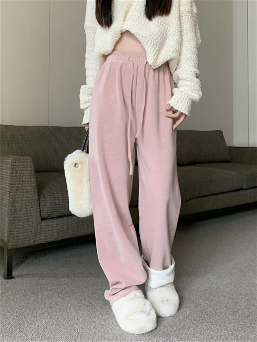 PLAMTEE Chic Soft Pants Women Fashion Spring 2024 Thicken Warm Daily High Street Slim Wide Leg Casual Minimalist Office Lady