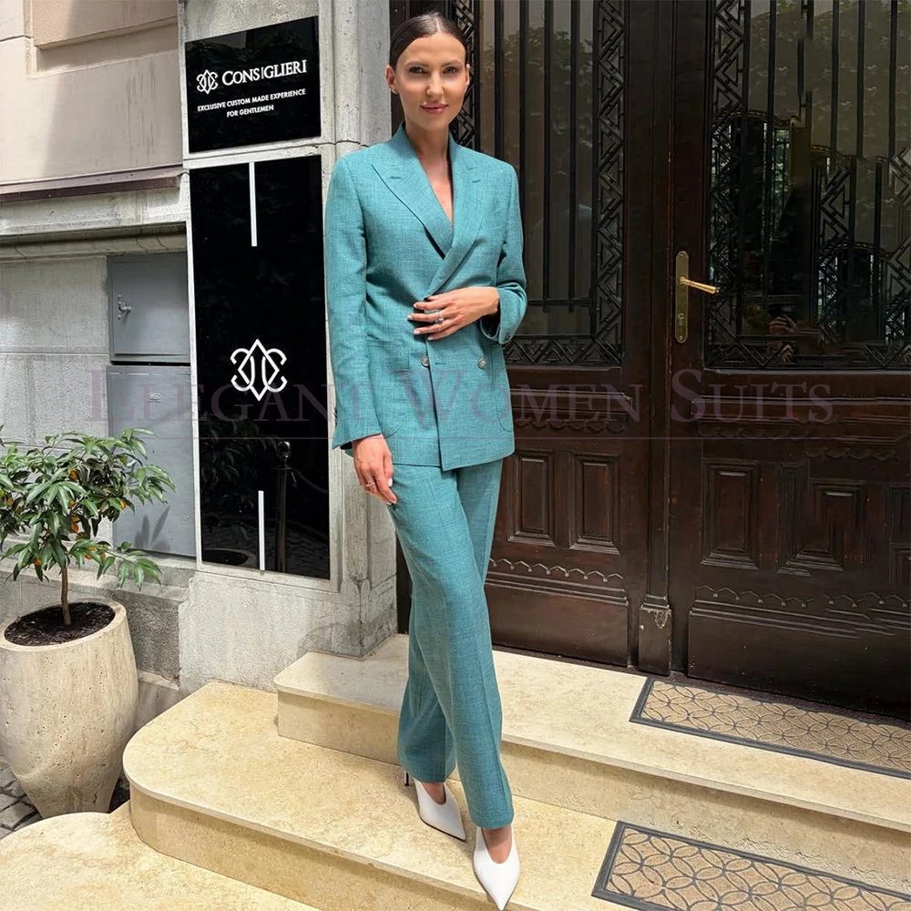 Elegant Women's Two Piece Suits 2026 Office Lady Straight Double Breasted Peak Lapel Blazer Customized 2 Piece Jacket Pants Sets