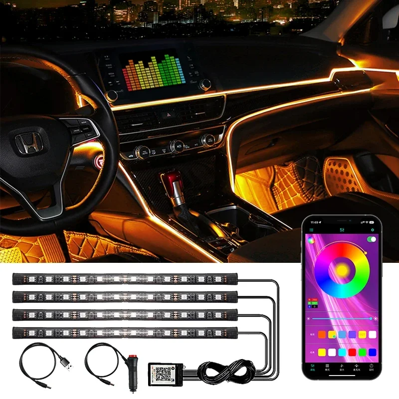 

4PCS Led Car Foot Ambient Light With USB Neon Mood Lighting Backlight Music Control App RGB Auto Interior Atmosphere Lamp