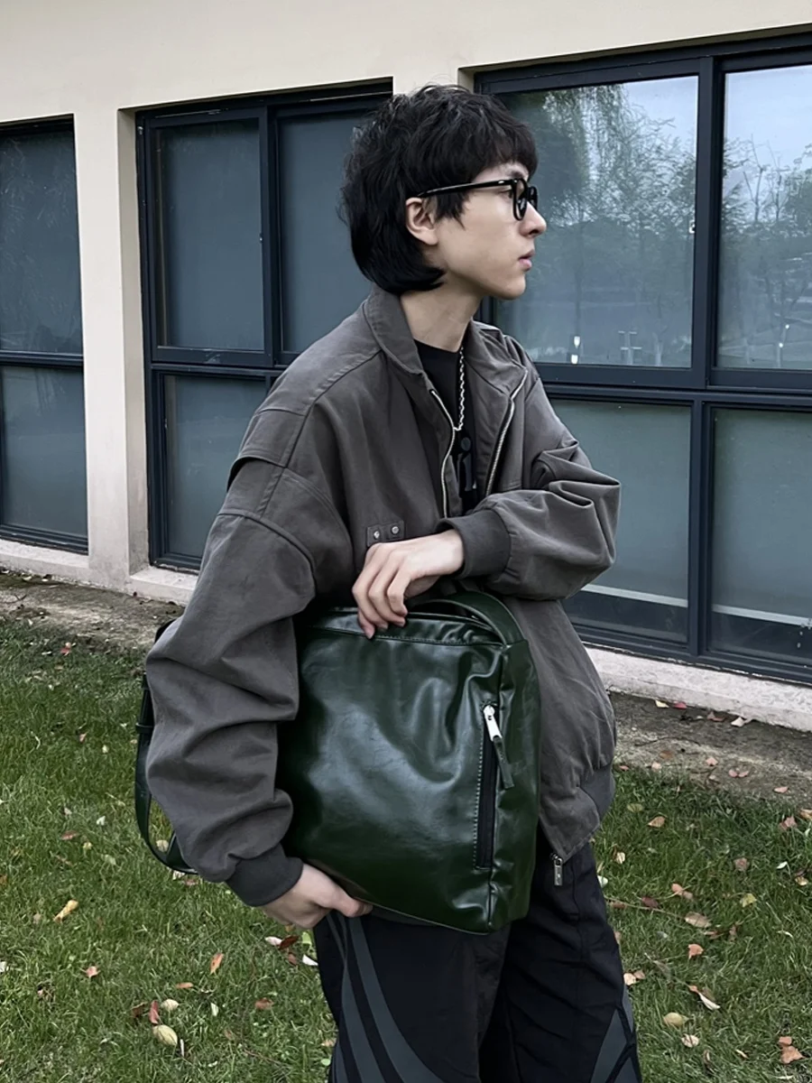 NIN Design Large Capacity Soft PU Leather Shoulder Bag Unisex Retro Messenger Tote Bag Casual Style Zipper Closure Handbag