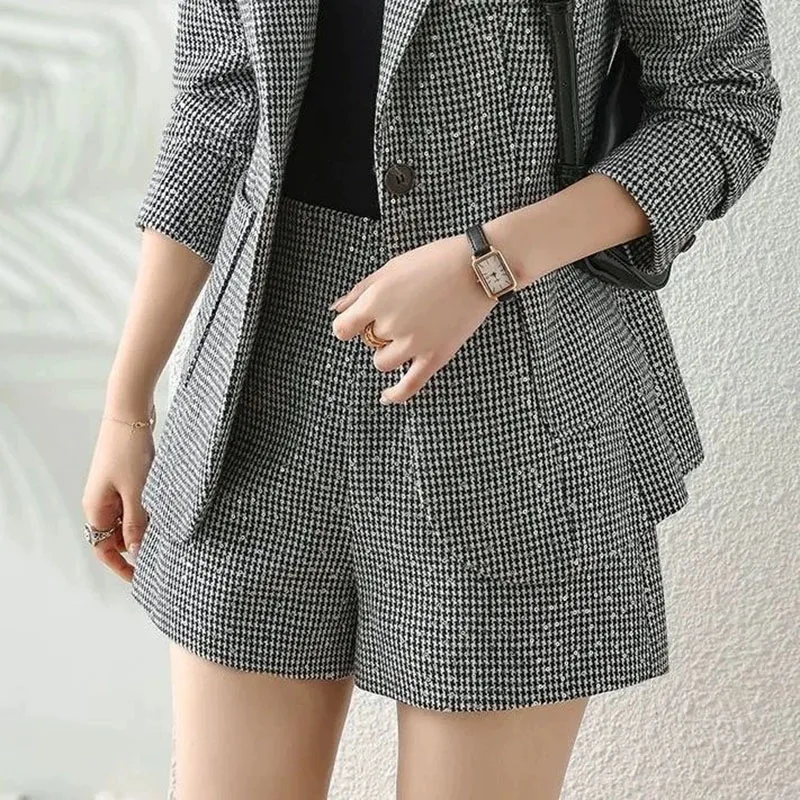 Spring Fall Plaid Sequins Suits Office Full Sleeve Blazer Jackets Conjuntos High Waist Short Pants Outfits Elegant 2 Pieces Sets