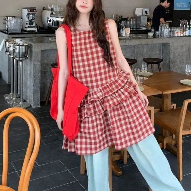Fashionable Ruffles Patchwork Dresses Summer Vintage Plaid Women's Clothing Casual O-Neck Sleeveless Hong Kong Style Midi Dress