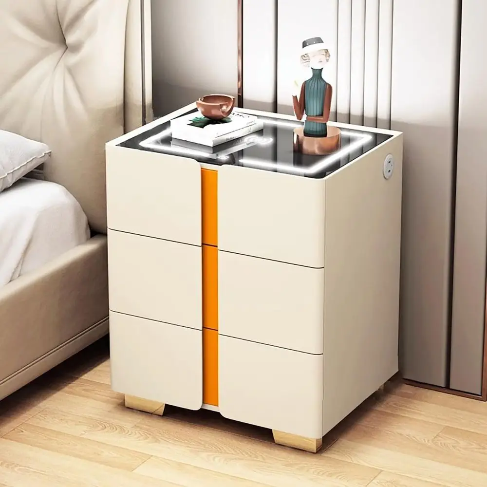 22 フルートナイトスタンド、引き出し3つ、USB充電器、LEDライト付き、ホワイト＆カーキアクセントテーブル