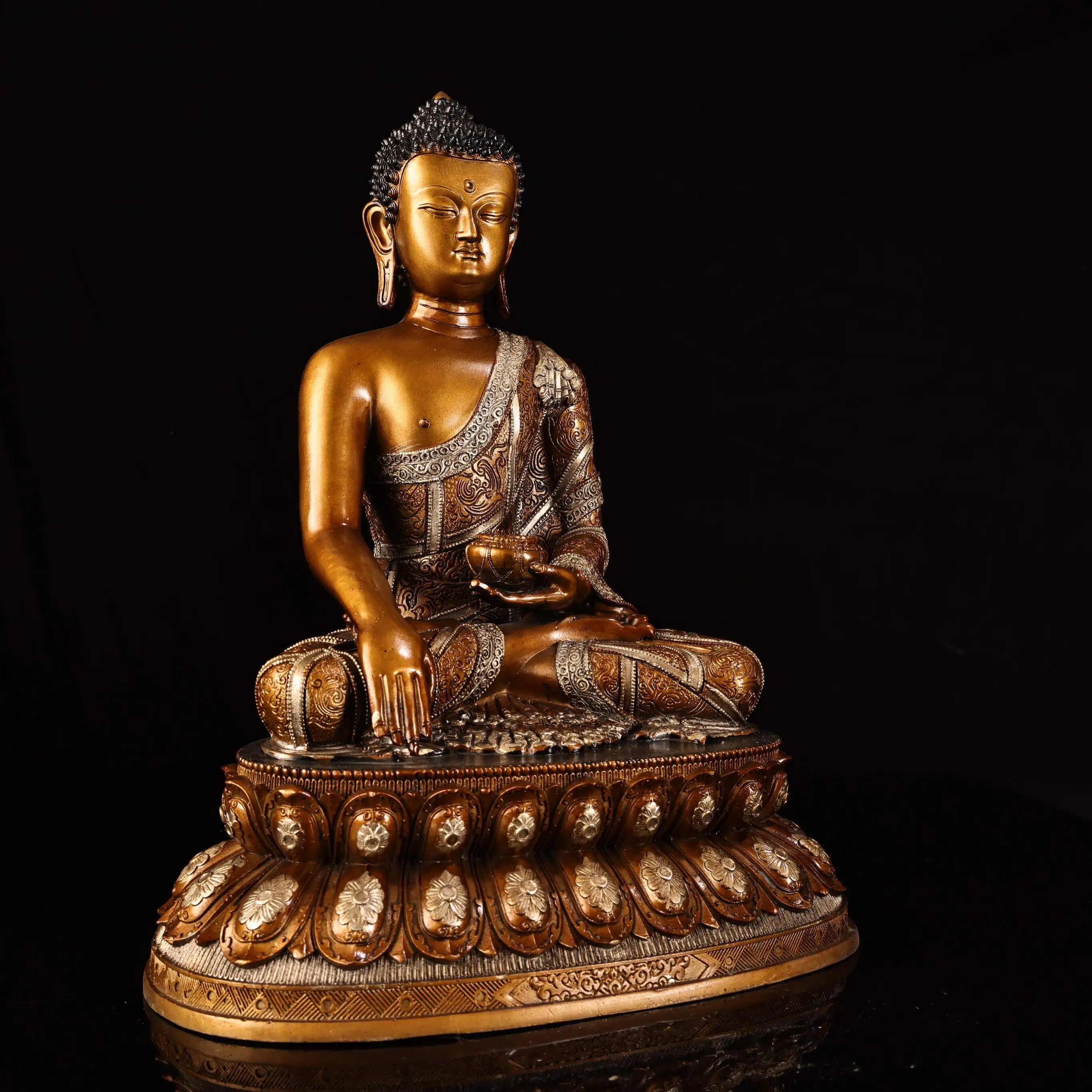 Antique Old Bronze Painted Gold Silver Shakyamuni Buddha Statue Serene Face Heavy Patina Fine Craftsmanship Home Decor