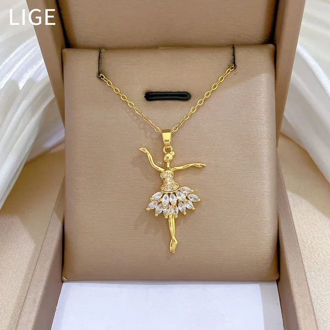 

Full Zircon Elegant Ballerina Pendant Necklace For Women Dancer Girls Gift Titanium Steel Gold Color Fashion Jewelry