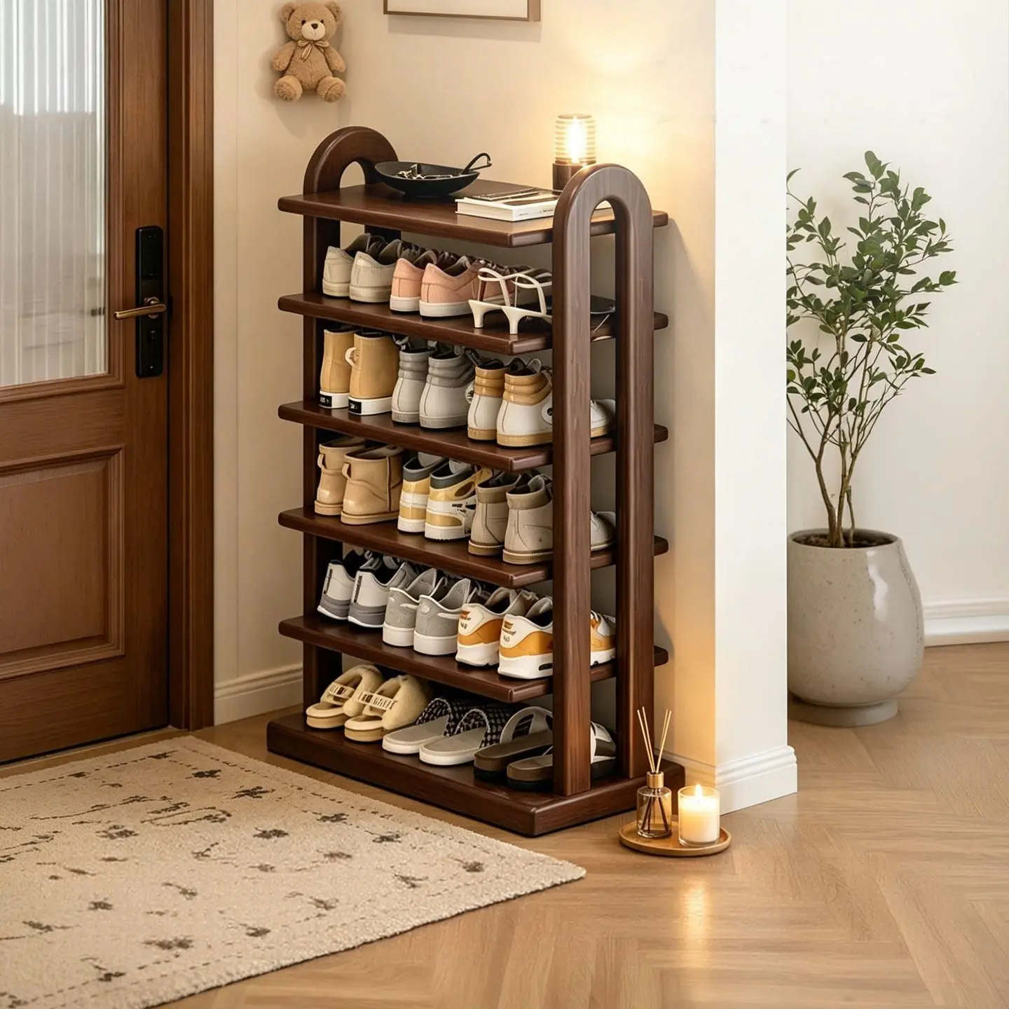 Simple shoe rack Multi-layer household door shoe storage cabinet Antique solid wood shoe rack Strong and durable shelf