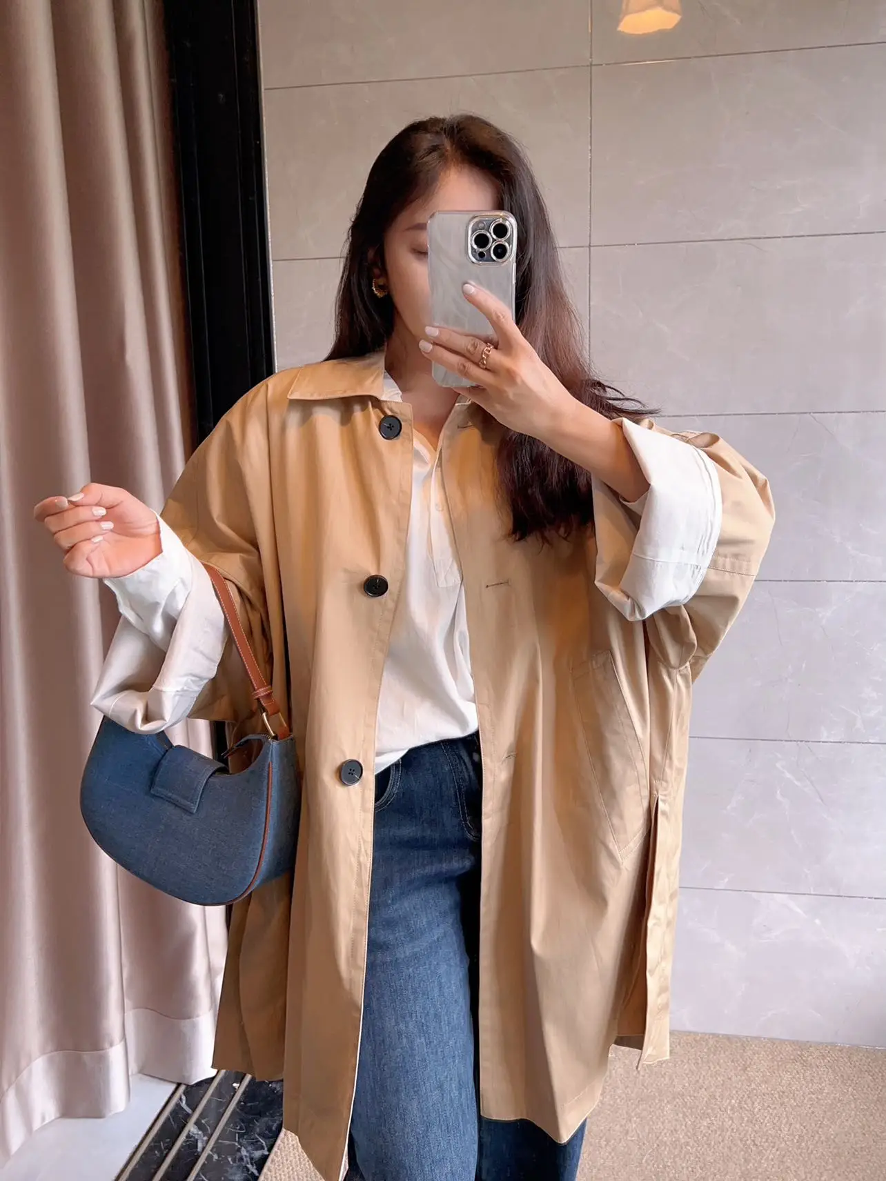 

Soft Trousseau Barbara Simple Sle Lightweight Khaki Double ket Oversize Windbreaker Coat Long Sve Collar Commute