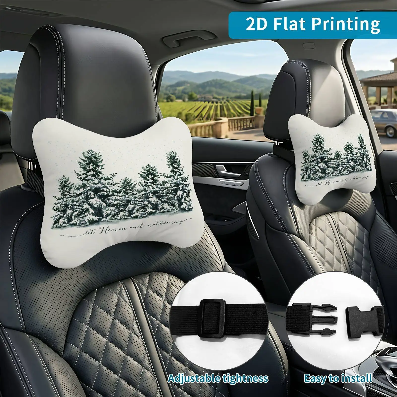 2pcs Winter Forest Snowy Car Seat Headrest, Neck Support Cushion, Suitable For All Seasons Of Car Additions, Winter Forest Scene