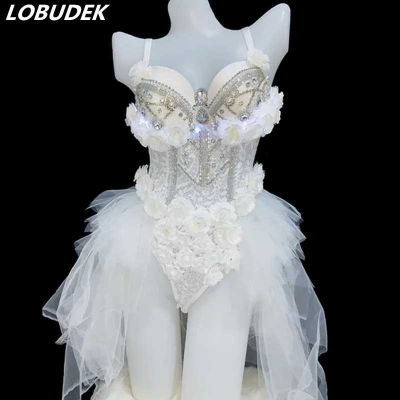 Glisten Rhinestones White Flower Lace Bodysuit Skirt LED Female Costume Nightclub Bar Party DJ Singer Stage Wear Birthday Outfit