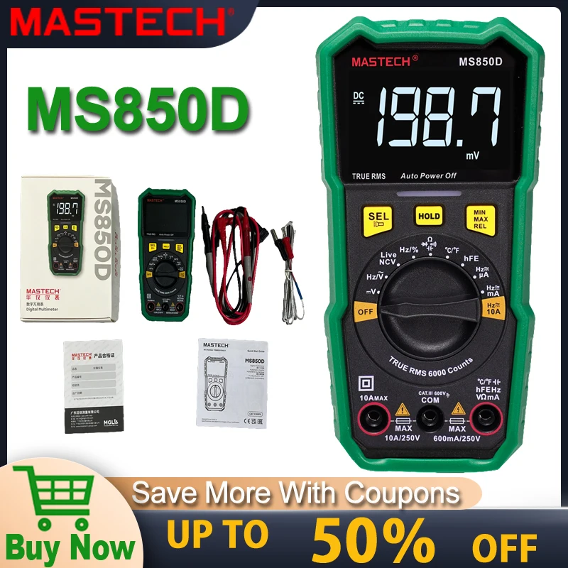 Mastech Multimeter MS850D Multimetro Tester Digital Multimeter 2000 Counts Auto Ranging AC/DC Voltage Temperature Measuring