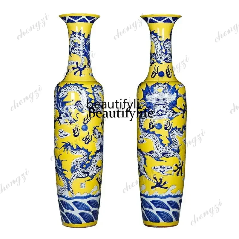 z1x11Jingdezhen Ceramic Floor Vase Carved Hand Painted Dragon Pattern Home Living Room Lobby Hotel Ornaments
