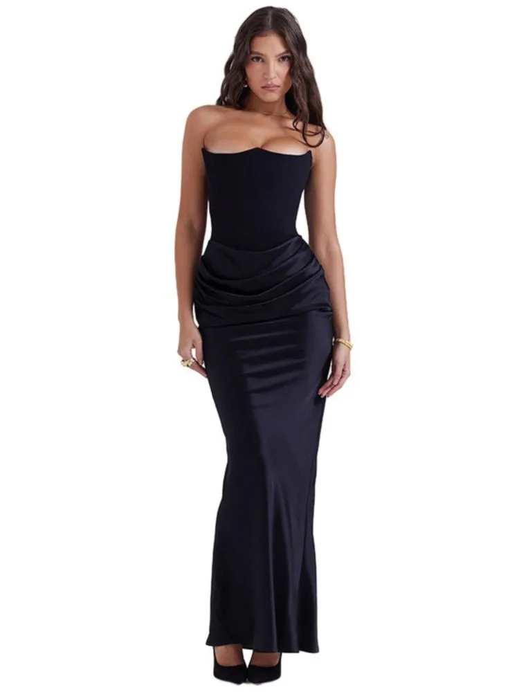 Sexy Red Satin Strapless Backless Women Corset Dress Fashion Waist Ruched Wrap Slim Dresses Autumn Ladies Evening Party Vestidos