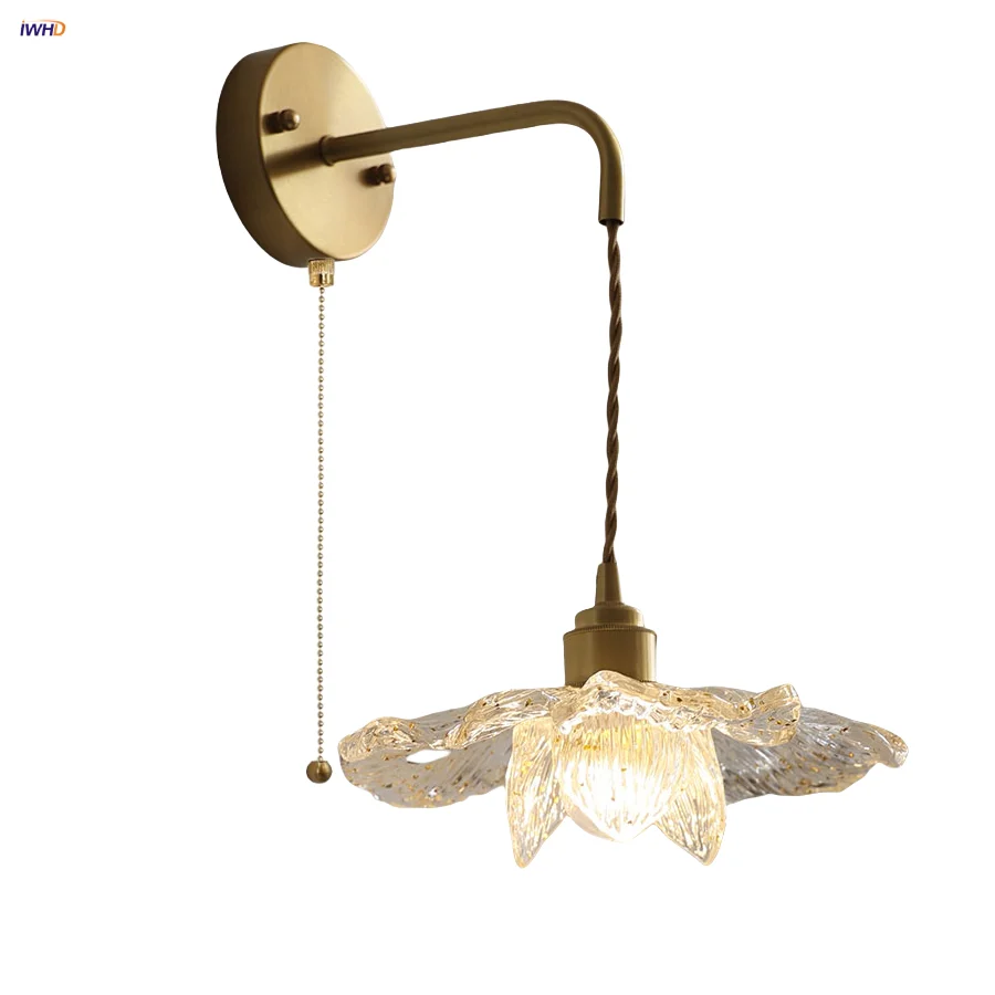 

IWHD Nordic Modern LED Wall Lights Wire Adjustable Stair Light Fixtures Copper Pull Chain Switch Clear Flower Acrylic Wall Lamp