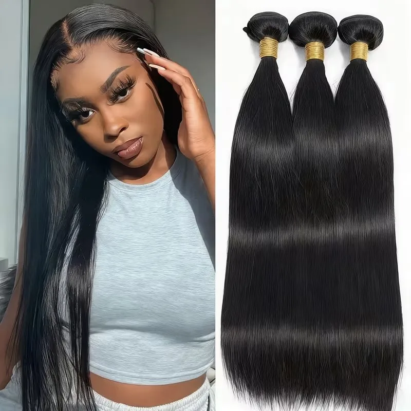 

Набор из 3 пучков натуральных прямых волос 100% человеческих, 30 дюймов, бразильские, натуральный черный цвет, необработанные