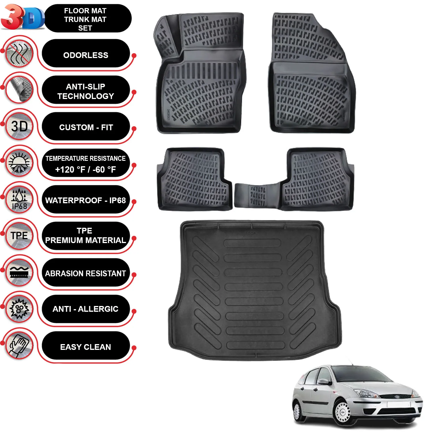 Ford Focus 1 Sedan (1998-2004) - Floor Mats + Cargo Trunk Liner - SET - (Black)