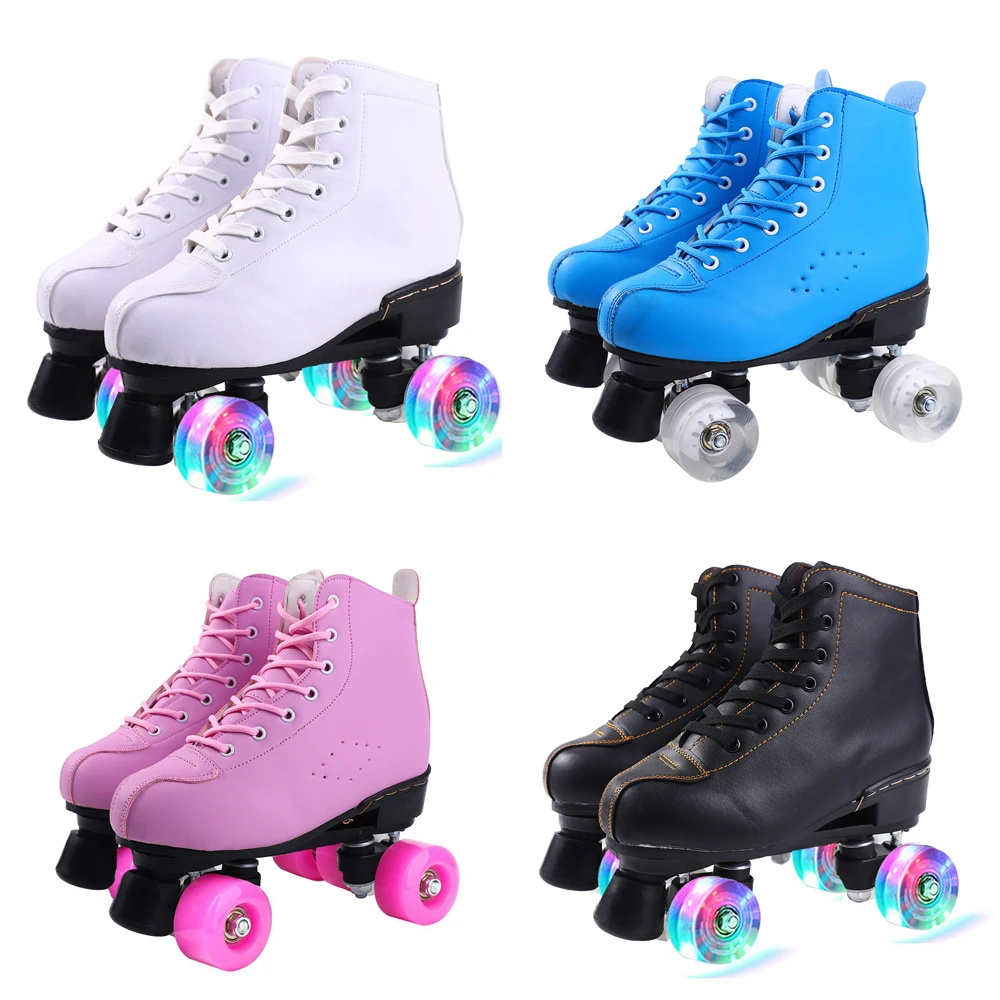 Artificial Leather Roller Skates Women Men Adult Two Line Roller Skating Shoes Patines With White PU 4 Wheels