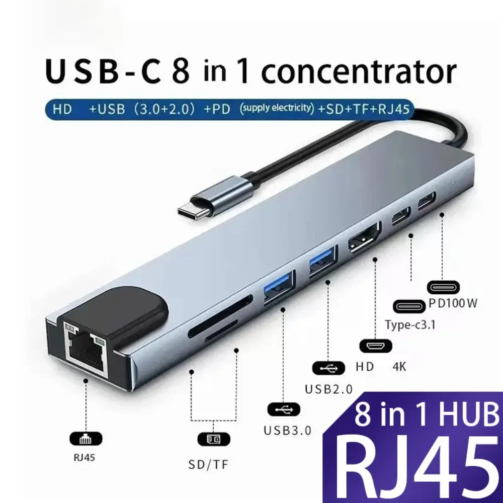 

RJ45 100mbps USB C HUB 4K HDMI PD Fast Charge 8 in1 Adapter Aluminum Case SD/TF Card Reader Laptop Docking Station