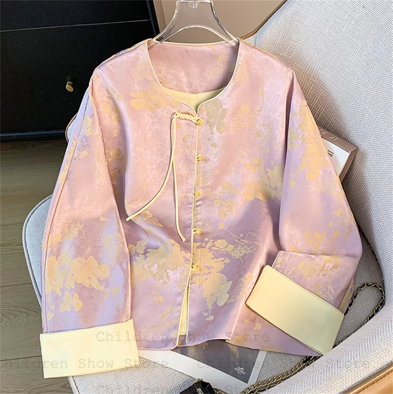 

Новый китайский стиль Hanfu Qipao Топ Женская куртка с длинным рукавом Жаккардовая одежда с цветочным принтом Тан Женский атласный костюм Свободная куртка