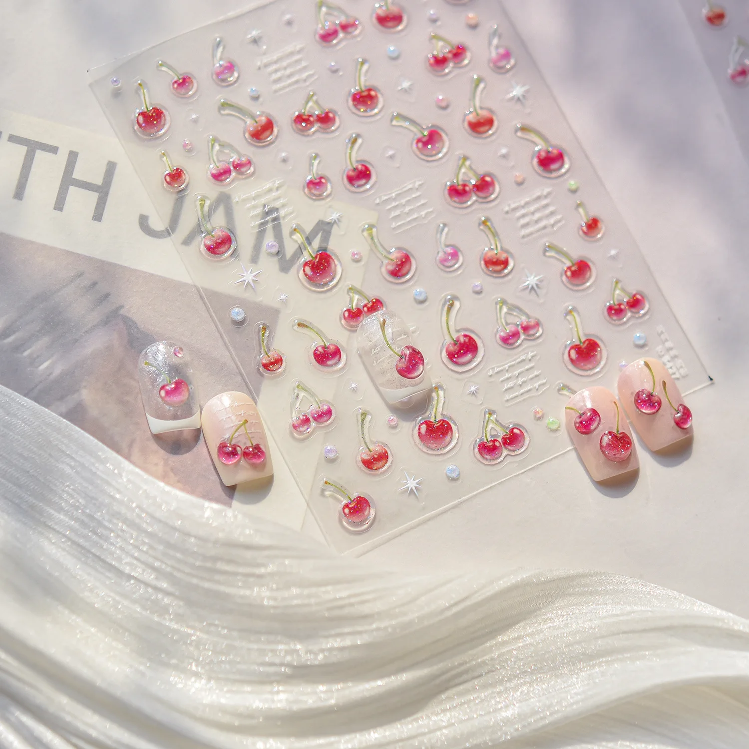 Bonitas pegatinas brillantes de cereza para decoración de uñas, diseño de fruta dulce, pegatinas autoadhesivas para decoración de uñas, accesorios para uñas con purpurina DIY