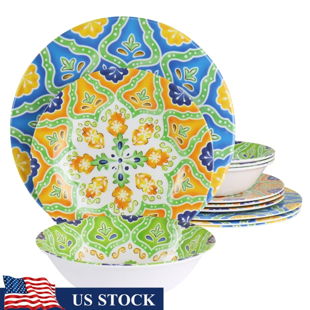 

12 Piece Melamine Dinnerware Set Lightweight Glossy Round Plates Bowls Dishwasher Safe Multicolor Mandala Design Kitchen Dining
