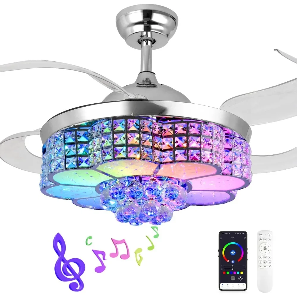 Crystal Ceiling Fan, 6 Speeds Retractable with Light, 3-Color LED Dimmable Chandelier & Color Temperature Memory, Ceiling Fan