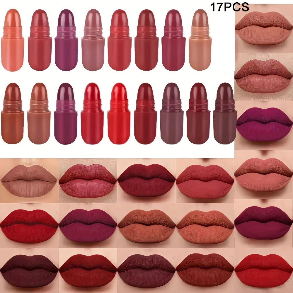 Bolsa de 17 Labiales Mate en Cápsula de Colores Navideños, Antiadherentes, de Larga Duración, Resistentes al Agua y que No se Desvanecen