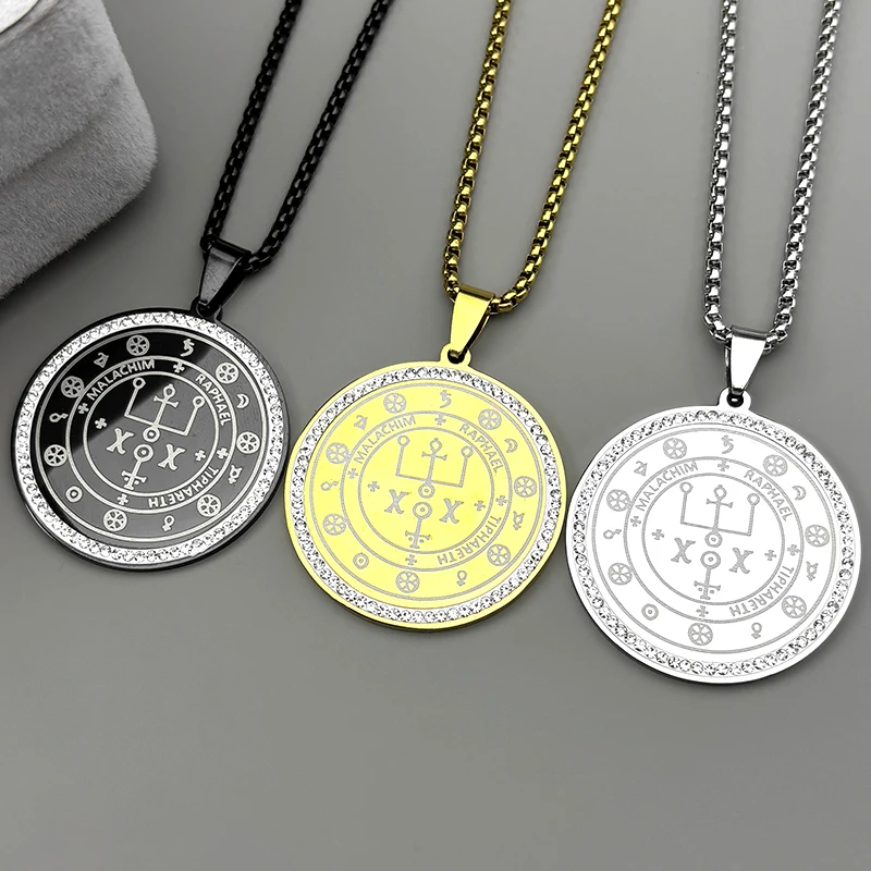 

Rhinestones Key Of Solomon Seal RAPHAEL Stainless Steel Pendant Necklace for Women Men Amulet Talisman Judaica Jewish Jewelry
