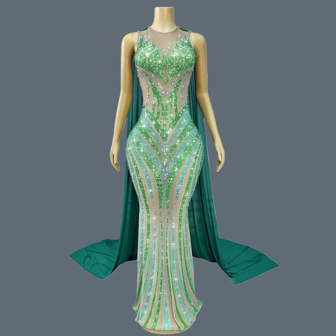 

Luxury High-end Queen's cloak Long Dress Elegant Green Bandage Evening Gown Sparkly Crystals Women Birthday Party Outfit Lvhupan