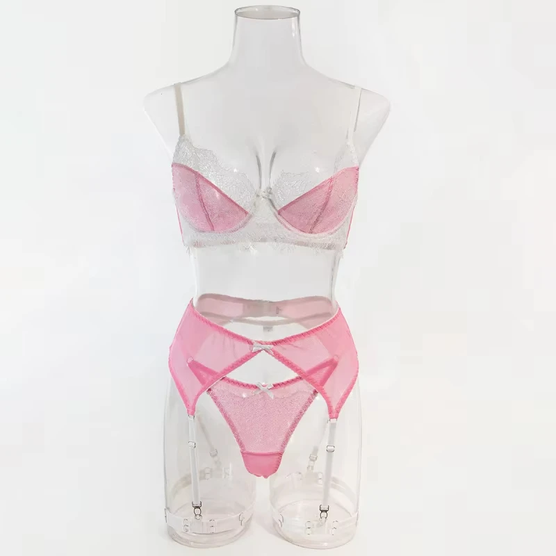 Bikini lace patchwork hollow-out seductive lingerie sexy bra four-piece set