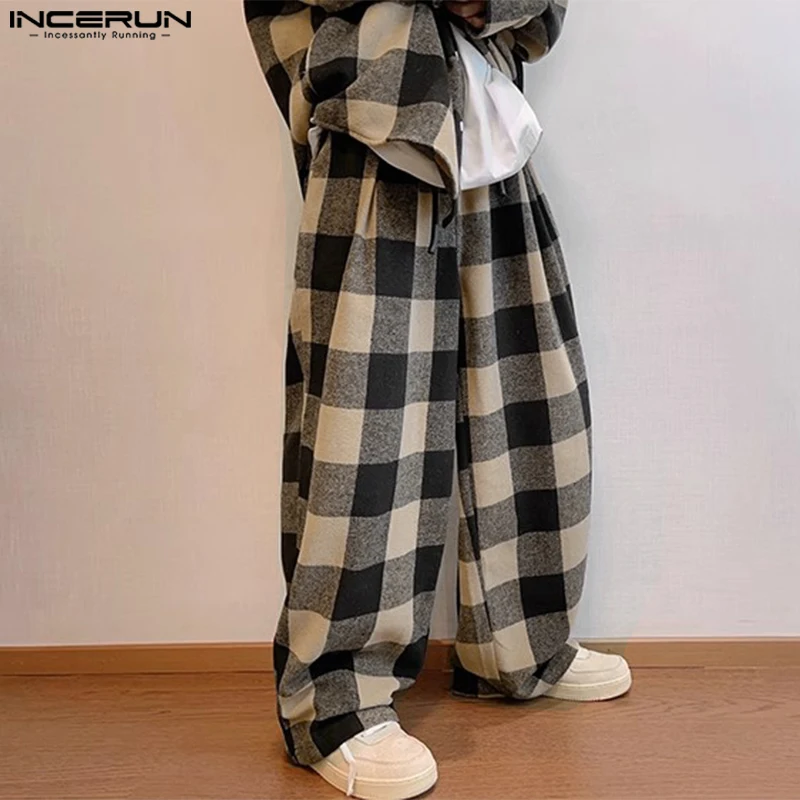 INCERUN Men Trousers Elastic Waist 2024 Casual Vintage Style Plaid Check Contrast Color Wide Leg Long Pants Streetwear Bottoms