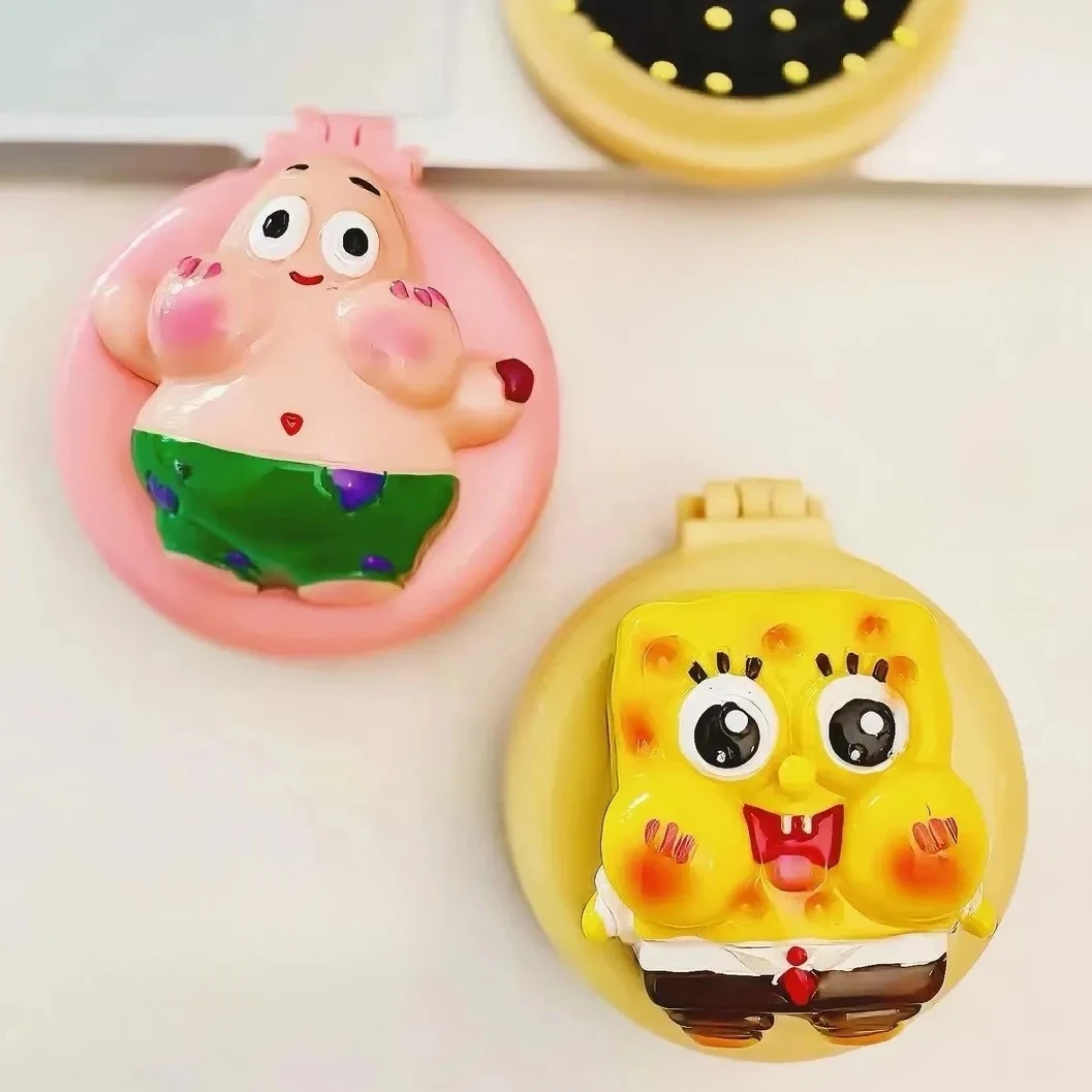 Spongebob Squarepants Foldable Round Airbag Comb Anime Cartoon Pie Star Comb Mirror Mini Air Cushion Comb Kawaii Gift