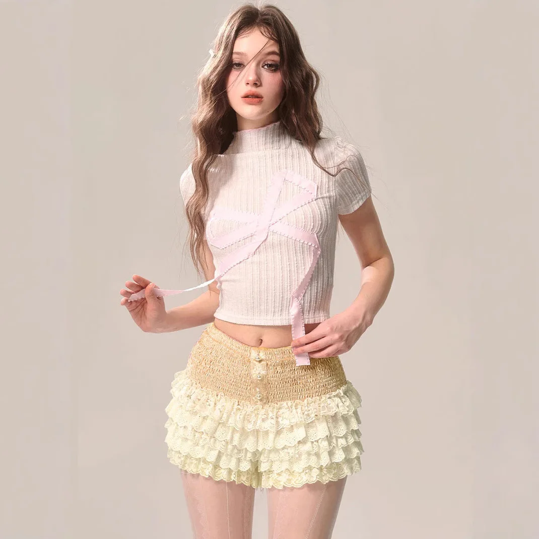 Sweetheart Hot Girl Lace Shorts Skirts Pure Desire Women Summer New Cake Skirt High Waisted Millennium Style Y2K Safety Shorts
