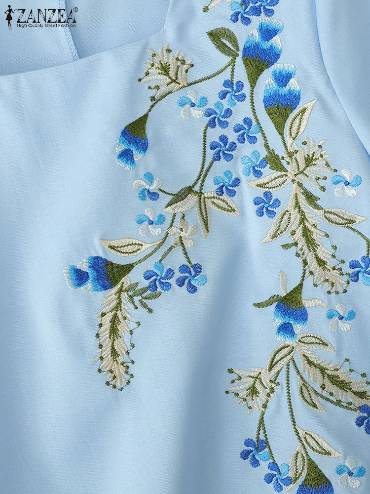 ZANZEA Fashion Summer Women Blouses Vintage Embroidery Shirts 2025 Tunic Tops Casual Loose Square Collar Short Sleeve OL Blusas