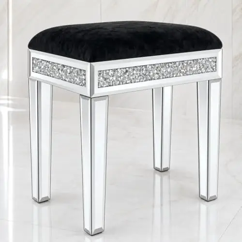 Vanity Stool with Storage Mirrored Legs, Velvet Cushioned Ottoman, Hidden Compartment, Sparkling Diamond Trim, Glam