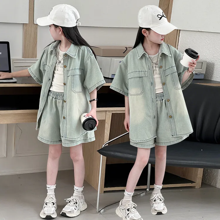 summer 4-14 ensemble jeans fille casual Short sleeved Denim Shirt+Shorts Two piece teen girl clothes suit child kid outfits sets