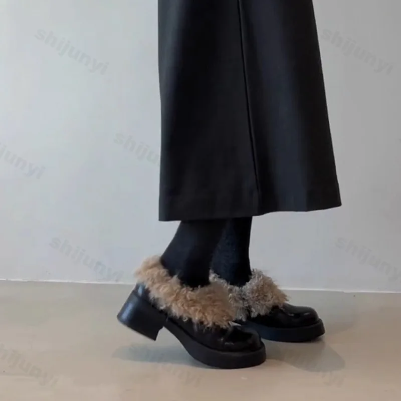 

Winter Women's Shoes Luxury 2025 PU Leather Casual Warm Furry Outdoor Dress Shoes Fashion Wedge High Quality Women Loafers