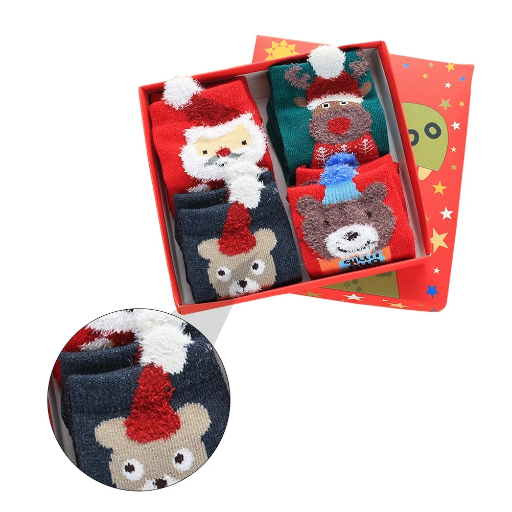 

4 Pairs Children Christmas Socks Kids Warm Cartoon Festival Winter Stockings Soft Comfortable Non Slip Elastic Design Breathing