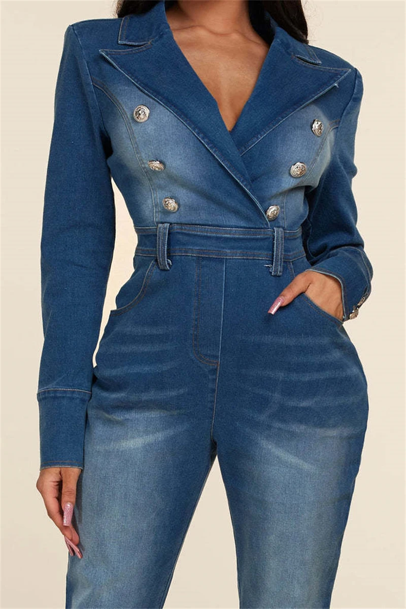 Fashion Tailored Collar Double Breasted Buckles Denim Long Jumpsuits Monos Largos Sexy Stretchy Long Sleeve Jeans Jumpsuit Women