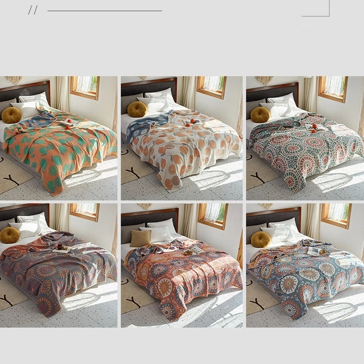 Boho Printed 4 Layer Cotton Gauze Blanket Reversible Lightweight Lap Throw Soft Air Conditioning Cover for Couch Bedroom Decor