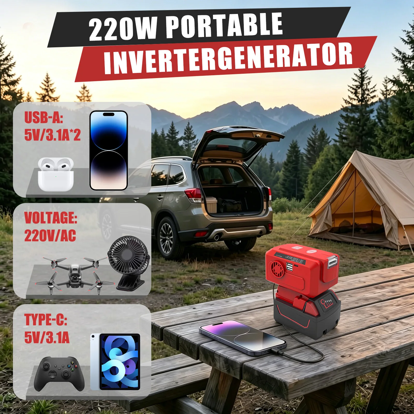 220W Power Inverter Compatible with Milwaukee 18V Battery, DC 18V to AC 110V Battery Inverter, Power Station Generator with 1 AC Outlet, 2 USB Ports & 1 Type-C Fast Charging, 400LM LED Work Light