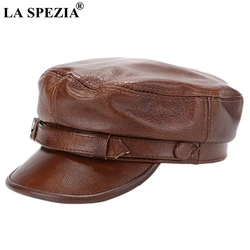 LA SPEZIA Brown Military Captains Hat Men Genuine Cow Leather Newsboy Cap Flat Women Autumn Winter Luxury Designer Sailor Caps