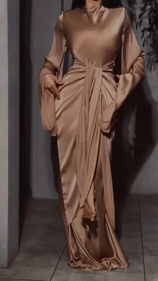 

2026 American European New Fashion Women's Pleated Long Sleeve Turtleneck Ankle Length Asymmetrical Solid Color Dresses Female
