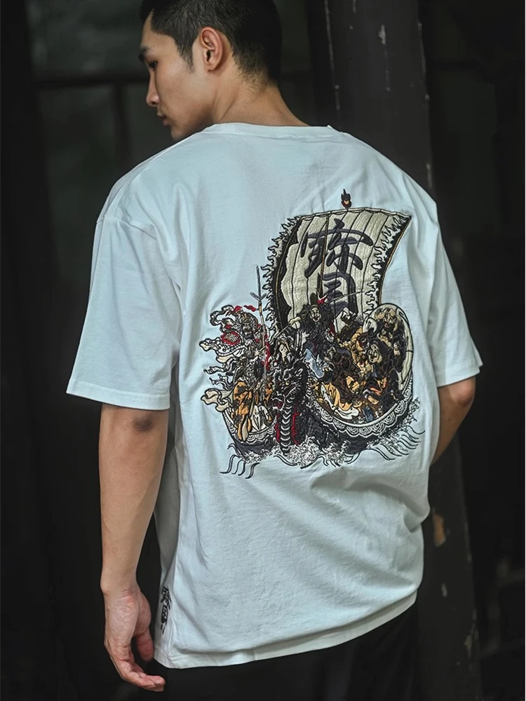 Treasure Ship 7 Lucky Gods Yokosuka Street Sweatshirt T Shirt Tops Lucky Fortune Embroidery Sukajan Souvenir Men Boys Fashion