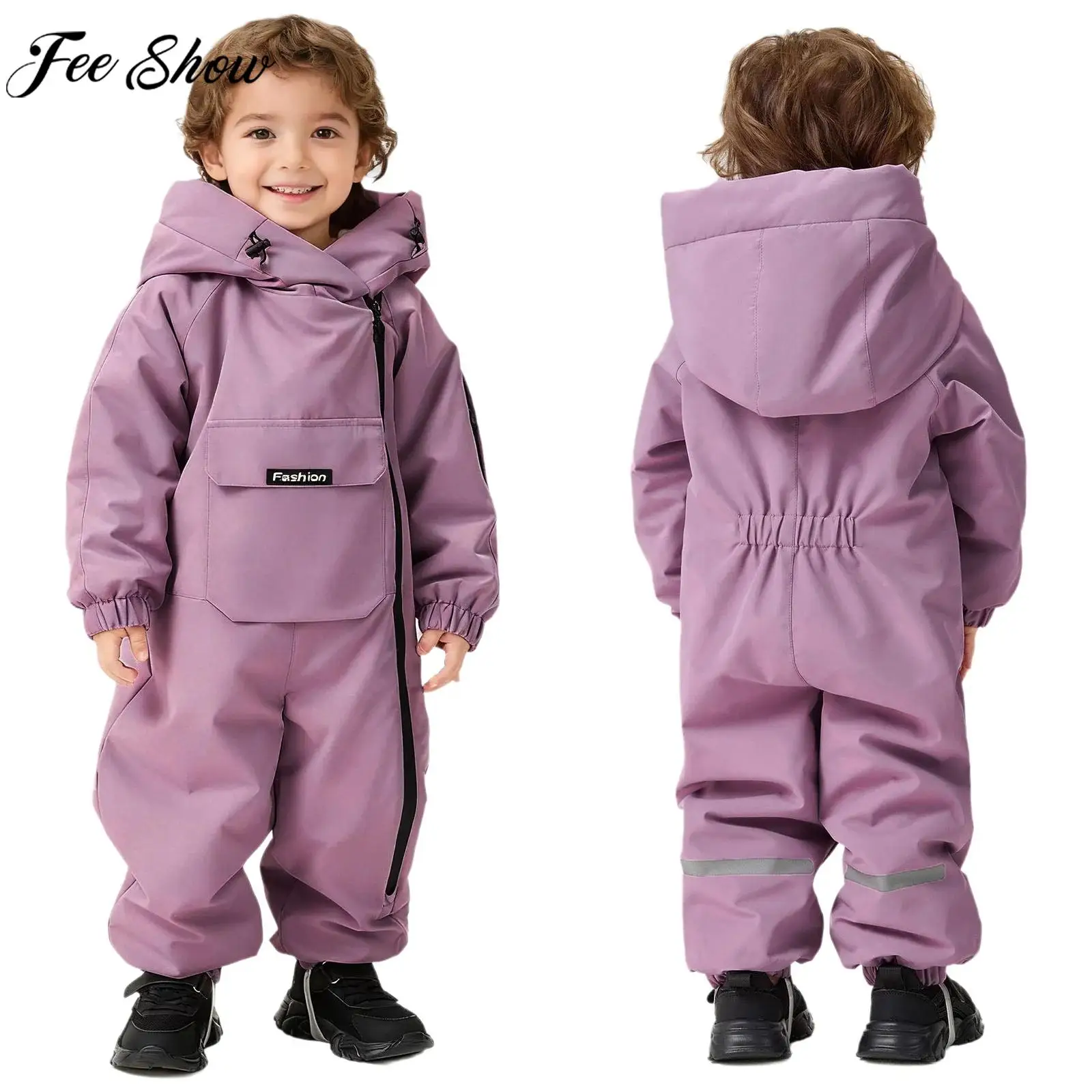 

Toddler Boys Girls Windproof Waterproof Snowsuit Winter Warm Fleece-Lined Padded Ski Jumpsuit Long Sleeve Zipper Hooded Romper
