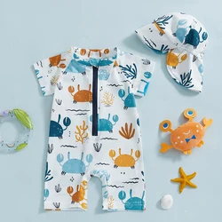 BeQeuewll Fashion Boy Summer Swimsuit Cute Cartoon Crab Print Half Zipper Infant Swimwear Rash Guard Kid Bathing Suit Sunhat Set