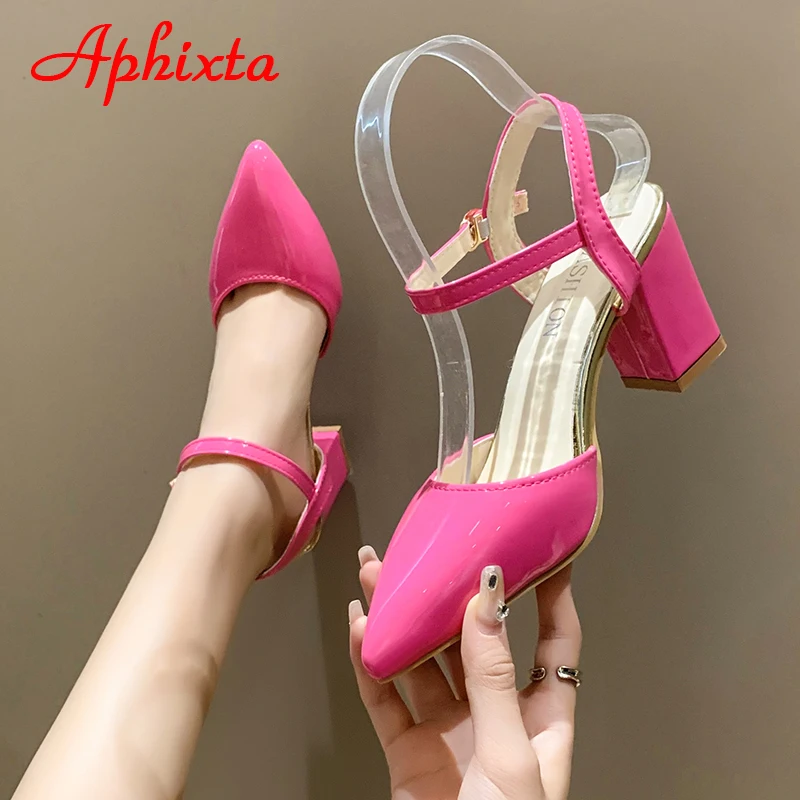 Aphixta Summer Hot Sale 7cm Square Heel Ankle Strap Pointed Toe Sandals Women Patent Leather Shoes Pimp Plus Big Size 46