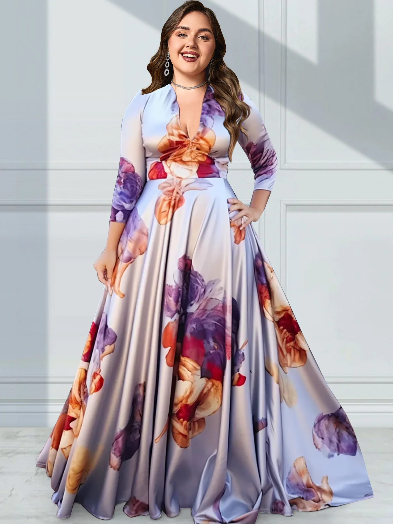 Floral Printing Women Plus Size Empire Maxi Dresses Elegant Multicolor V Neck 3/4 Sleeve Long Dress Party Wedding Evening Dress
