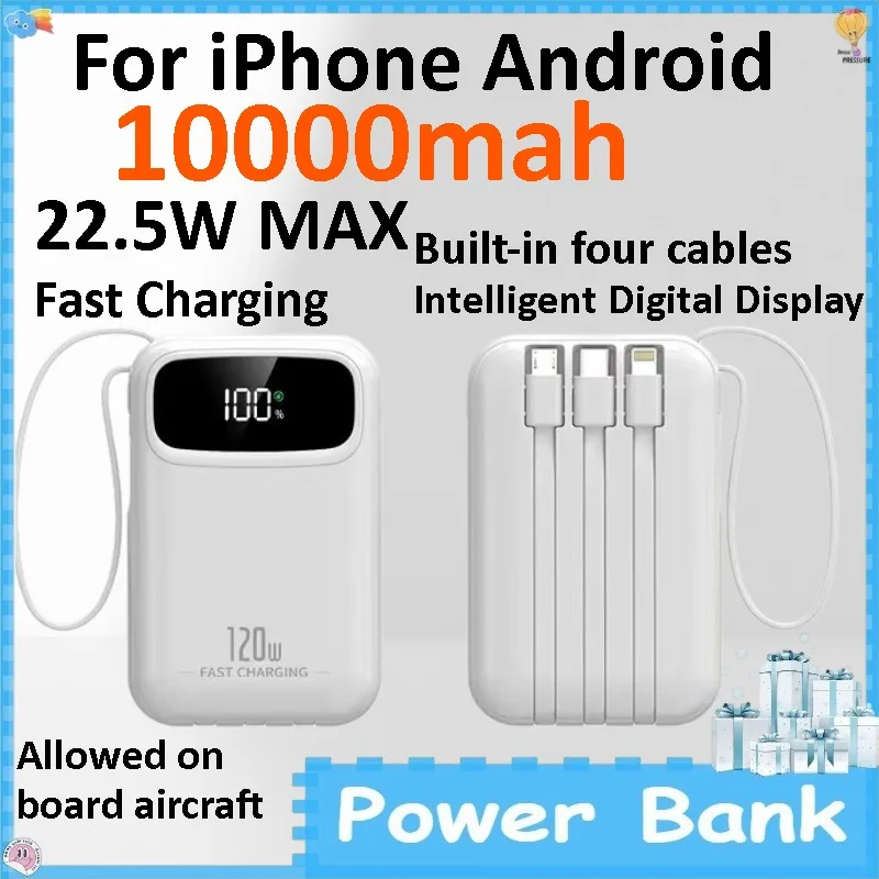 10000mAh Mini Power Bank Super Fast Charging Built-in Cable Large Capacity Portable External Battery for IPhone Android