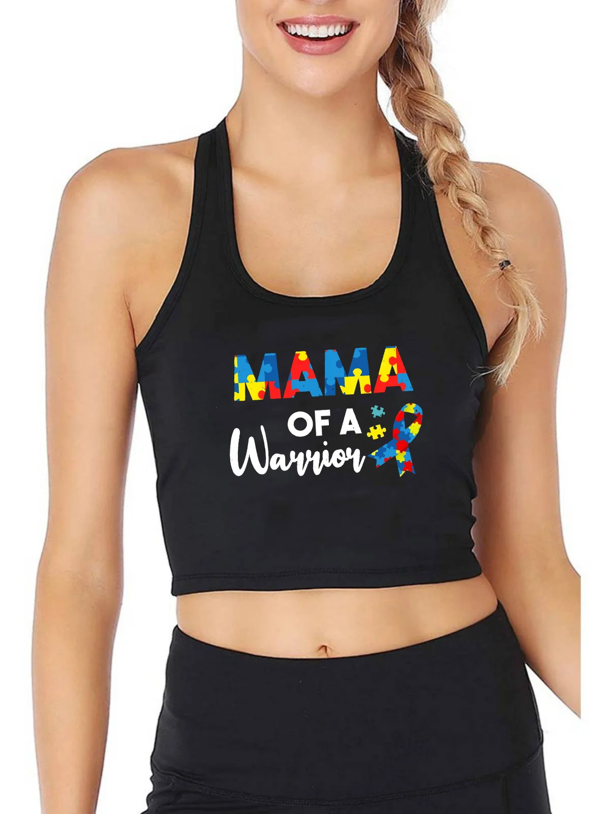 

Mama Puzzle Warrior April Autism Awareness Tank Top Women's Breathable Slim Fit Workout Crop Tops Summer Camisole